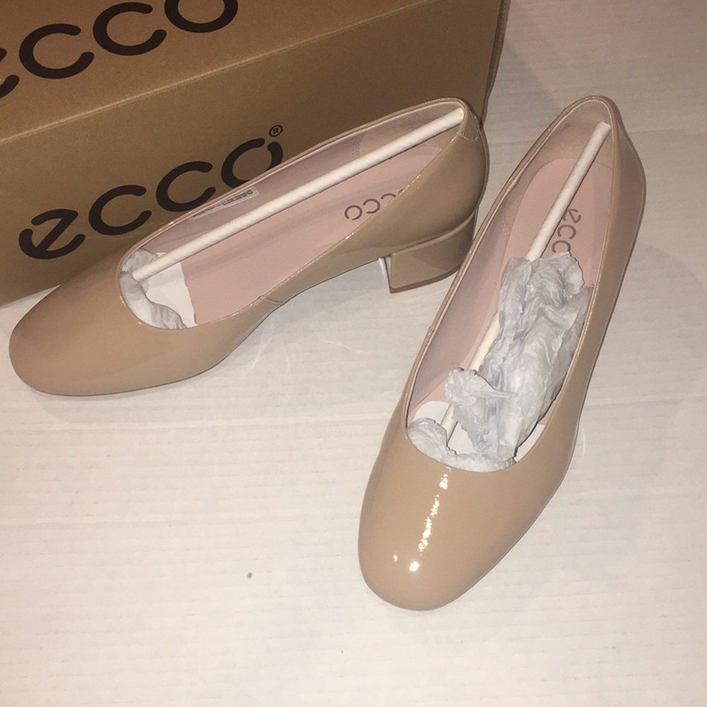 Ecco Nude Patent Wedge Block Heel Pumps